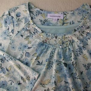 Breckenridge Tee Top Sz S Blue Floral Bling NEW